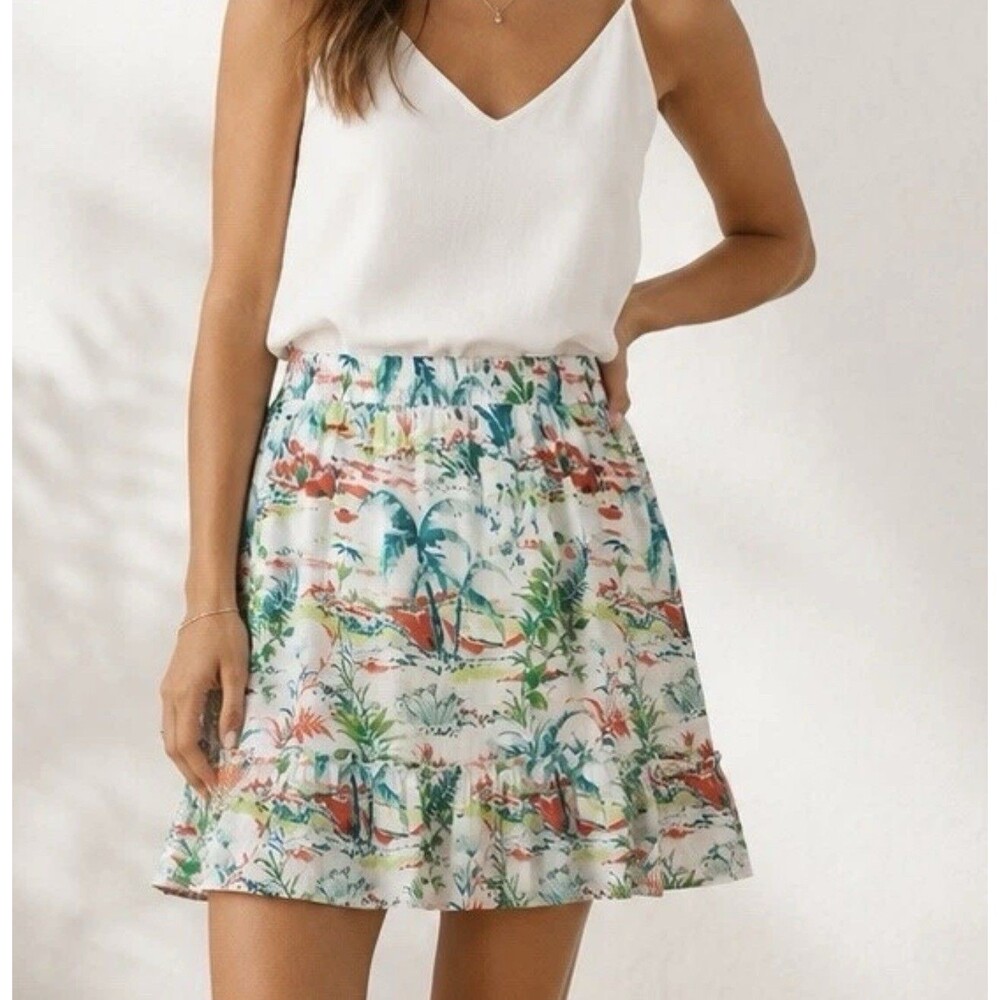 SIGRID OLSEN New MEDIUM Skirt Tropical Ruffle Palm Trees Floral‎ 100% Cotton